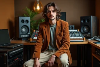 Musicien pop masculin dans un studio d'enregistrement alliant équipement vintage des années 70 et technologie moderne, évoquant l'héritage de la pop anglaise