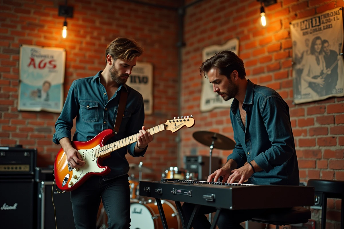 Deux musiciens répétant avec une guitare électrique et un piano Fender Rhodes dans une salle de répétition aux murs de briques ornés d'affiches de pop anglaise des années 70 et des années 2020
