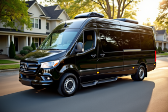 Van nineseater noire brillante dans une rue résidentielle