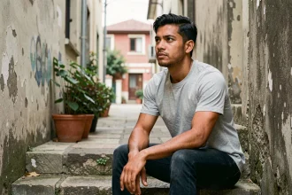 Jeune homme d'origine mixte assis sur des marches en pierre dans un quartier résidentiel, regard pensif évoquant ses racines et son enfance