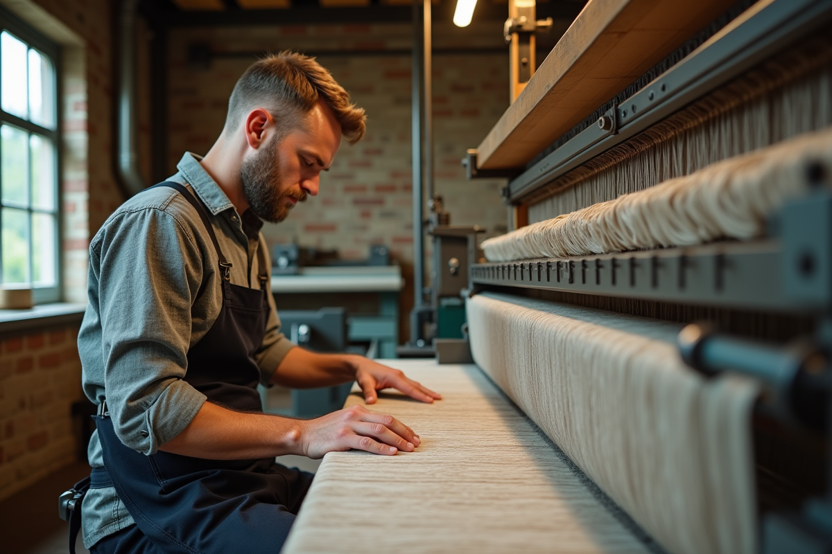 Ouvrier textile ajustant un métier à tisser dans l