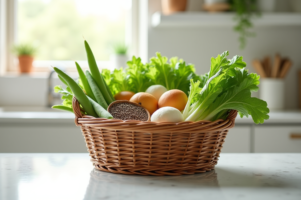 Panier en osier avec légumes frais dans la cuisine