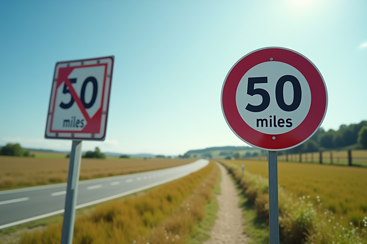Panneau indiquant 50 miles et sa conversion en km en campagne