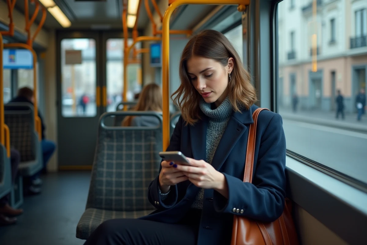 Passagère assise dans le tramway ligne 2 de Nantes consultant son smartphone pendant son trajet domicile-travail