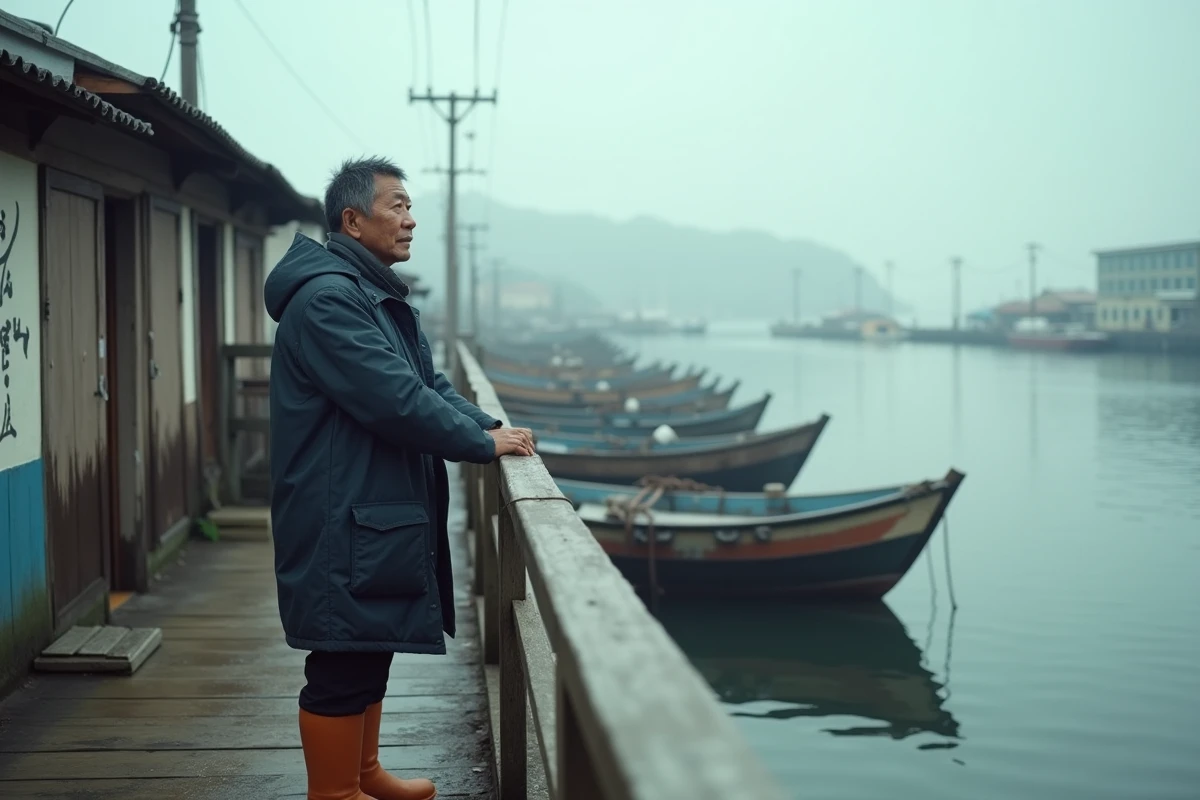 Pêcheur japonais d'âge mûr debout sur un quai en bois face à une petite baie calme en milieu rural japonais