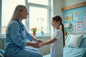 Pédiatre tenant la main d'un jeune patient dans une salle lumineuse