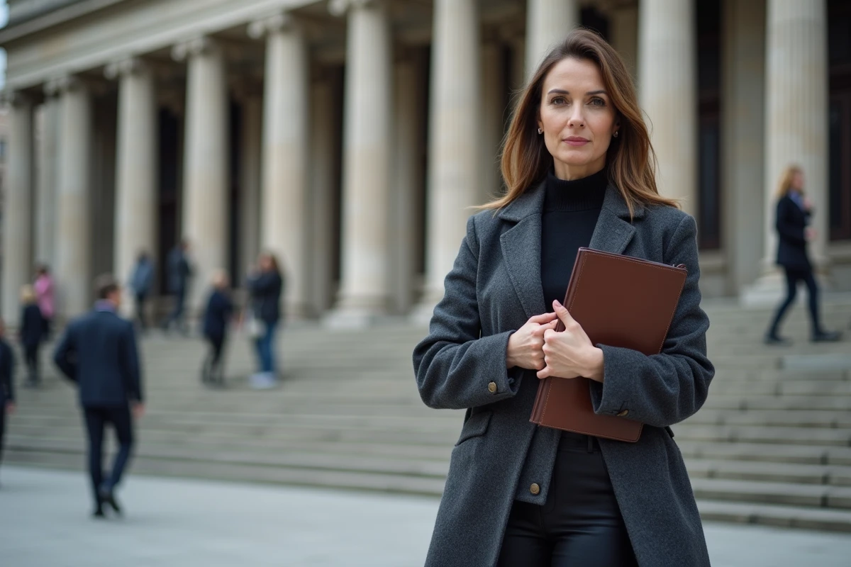 Femme en posture officielle devant un bâtiment institutionnel, évoquant les questions de transparence publique et de vérification des informations sur une personnalité