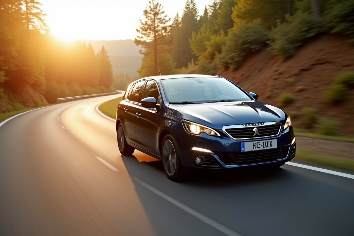 Peugeot 308 2015 en mouvement sur une route de campagne