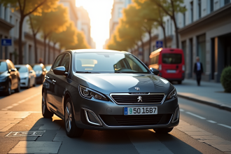 Peugeot 308 2015 stationnée en ville en plein jour
