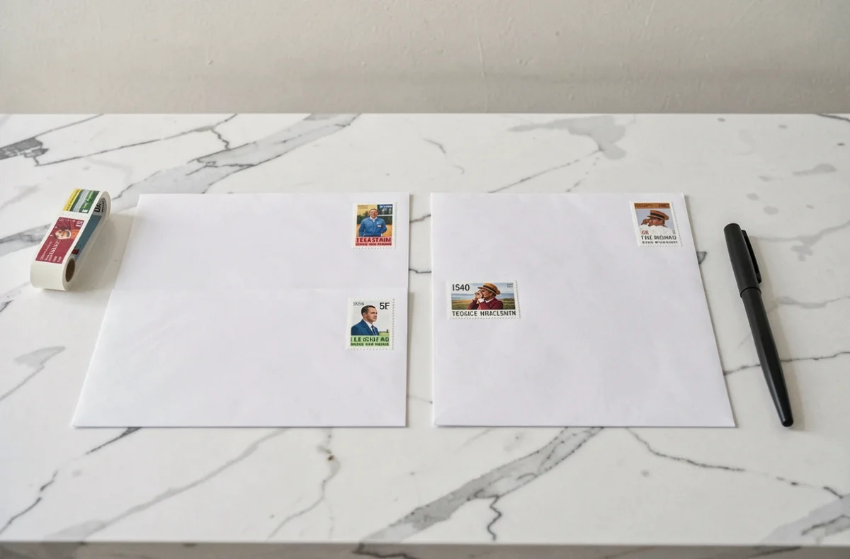 Vue de dessus d'enveloppes pré-timbrées et lettre suivie avec timbre positionné en haut à droite sur marbre blanc