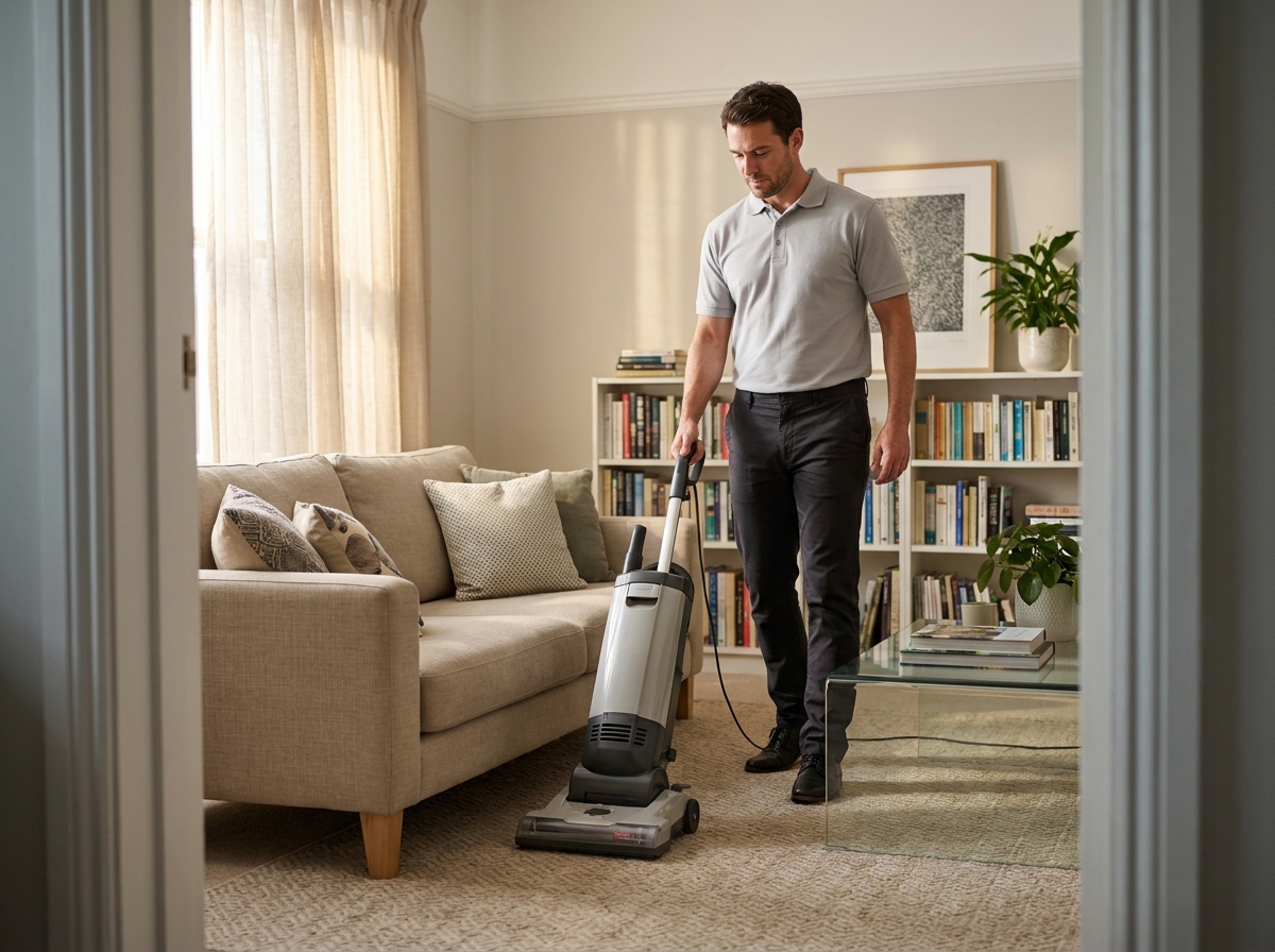 Professionnel du ménage passant l'aspirateur dans un salon bien rangé, représentant un planning de ménage régulier avec Centre Services à Compiègne