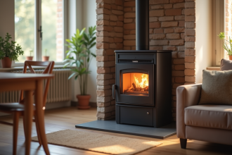 Poêle à pellets moderne dans un salon lumineux et cosy