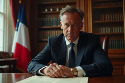 Politicien français en costume noir étudiant la constitution