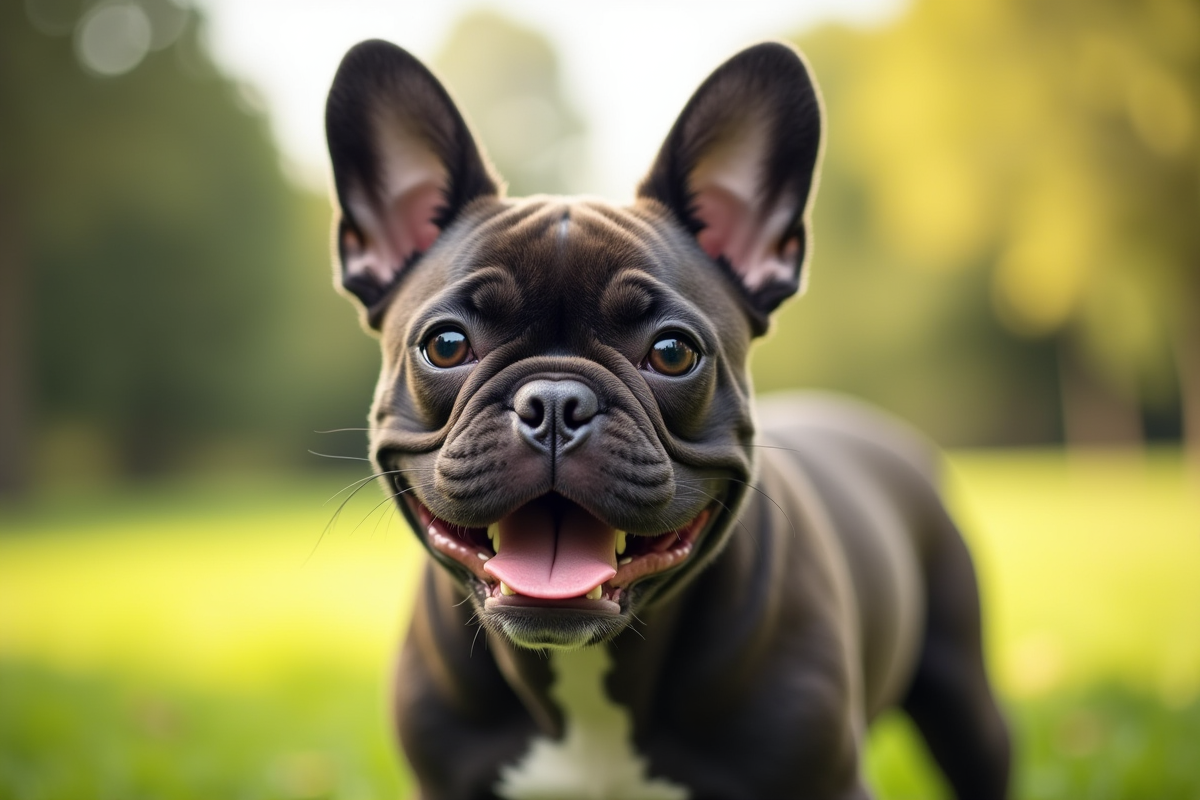 Portrait d un bulldog français en extérieur dans un parc