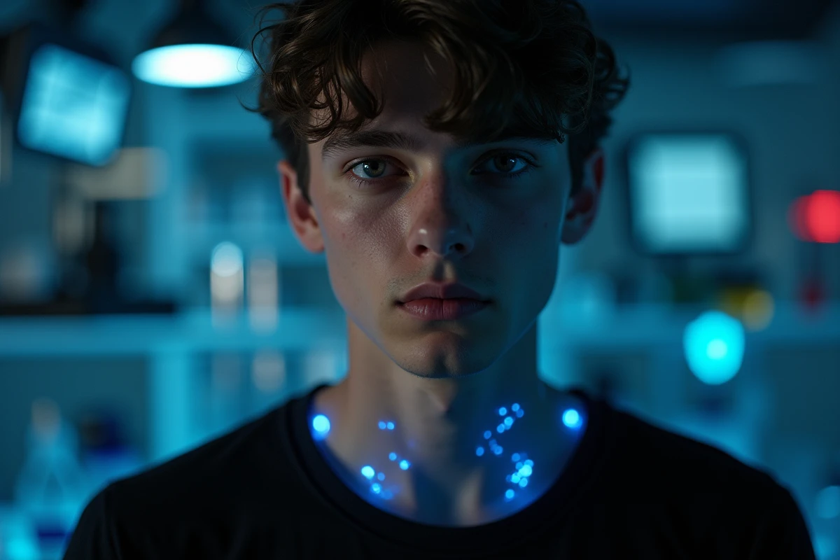 Portrait rapproché d'un jeune homme dont les veines bio-électriques lumineuses sont visibles sous la peau, illustrant les pouvoirs cachés de Miles Morales