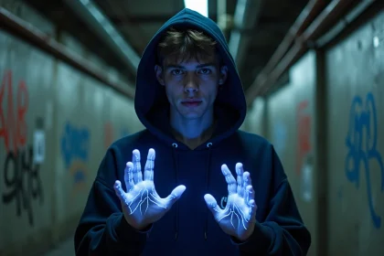 Jeune homme aux pouvoirs bio-électriques avec des arcs d'énergie lumineux sur les bras dans un tunnel urbain inspiré de Miles Morales