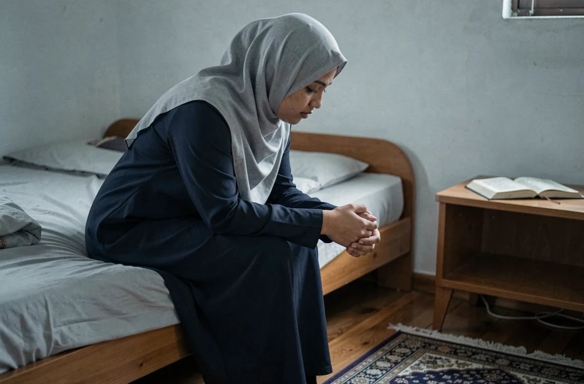 Jeune femme voilée assise en réflexion spirituelle dans une chambre sobre avec tapis de prière, expression de recueillement et de remords