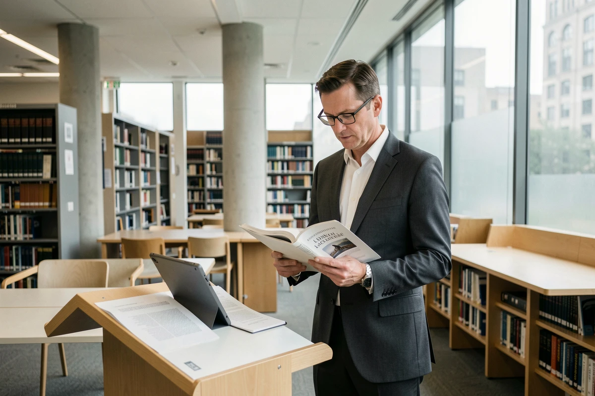 Professeur de droit public consultant une revue juridique et une tablette dans une bibliothèque universitaire moderne