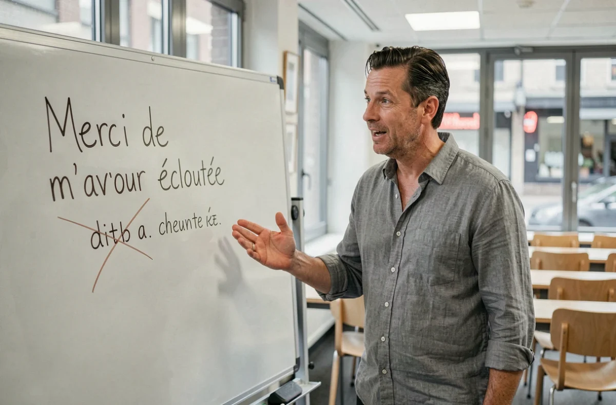 Professeur de français expliquant une erreur courante au tableau blanc avec la correction de la formule merci de m'avoir écouté