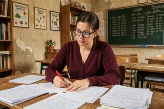 Professeure de français corrigeant des copies avec un stylo rouge dans une salle de classe, illustrant les erreurs grammaticales fréquentes des élèves