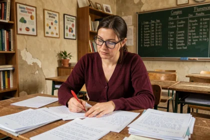 Professeure de français corrigeant des copies avec un stylo rouge dans une salle de classe, illustrant les erreurs grammaticales fréquentes des élèves