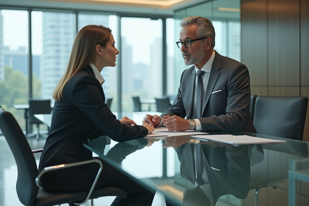 Homme professionnel en costume discutant avec une femme en banque