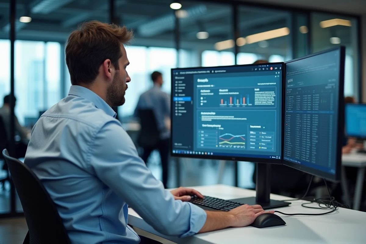 Professionnel masculin configurant un VPN sur un grand écran dans un open space de bureau moderne