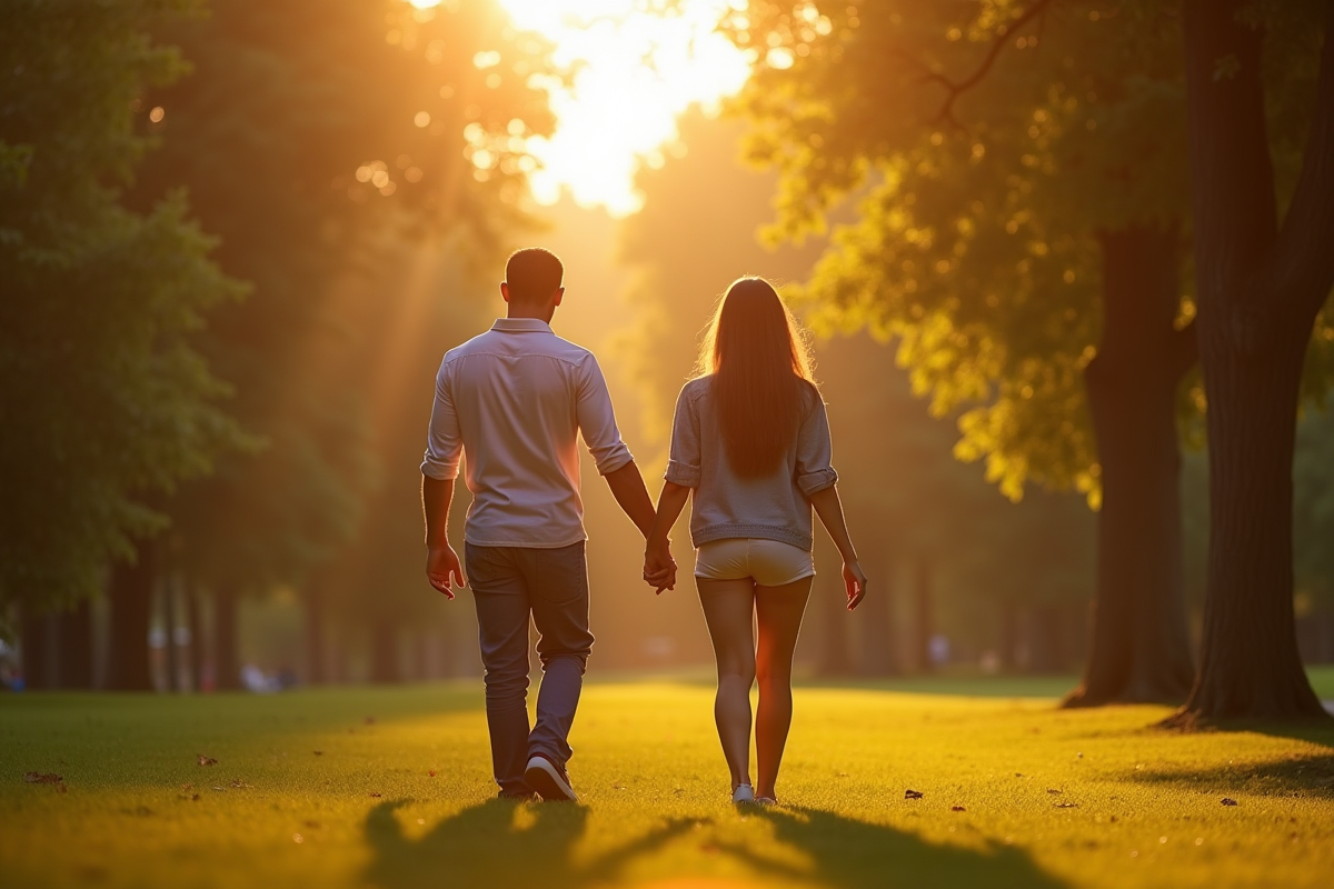 Couple se tenant la main dans un parc en fin d