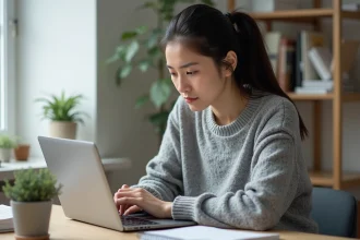 Femme concentrée publiant du contenu sur une plateforme éditoriale depuis son bureau à domicile, illustrant la publication économique sur Scoopium