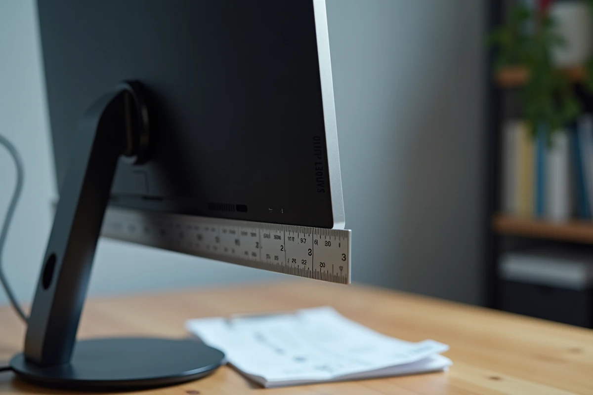 Règle métallique posée sur un moniteur d'ordinateur indiquant la conversion pouces centimètres pour la taille d'écran