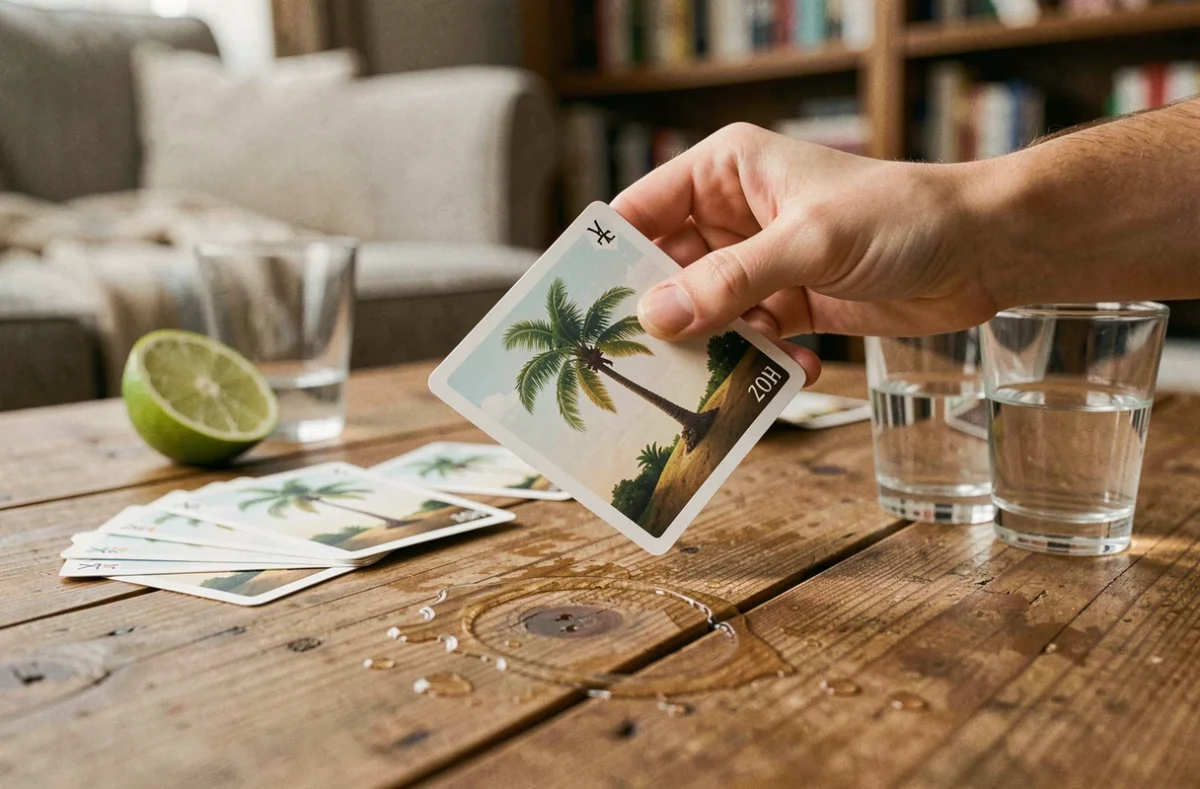Gros plan d'une main tenant une carte du jeu Règles palmiers au-dessus d'une table en bois avec des verres à shot et une lime