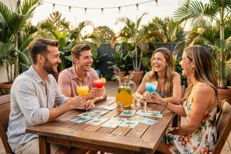 Groupe de jeunes adultes jouant aux Règles palmiers autour d'une table en bois sur une terrasse estivale avec des verres à cocktail colorés