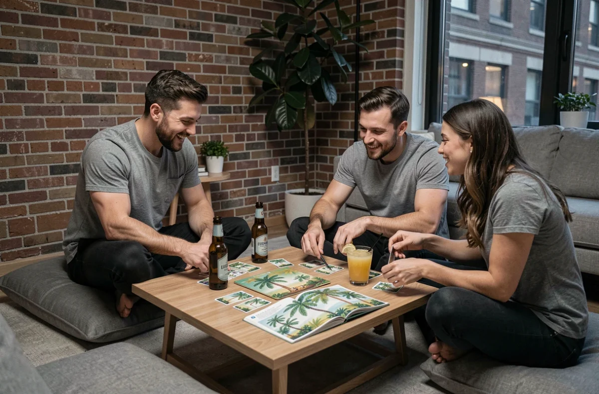 Trois amis jouant aux Règles palmiers assis sur des coussins autour d'une table basse dans un appartement moderne avec bières et cartes