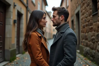 Homme et femme se regardant intensément dans une ruelle pavée en automne, symbolisant la rencontre des flammes jumelles à 15h55