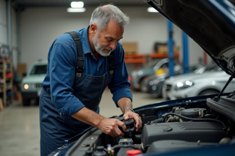 Homme en overalls retire un support moteur usé dans un atelier