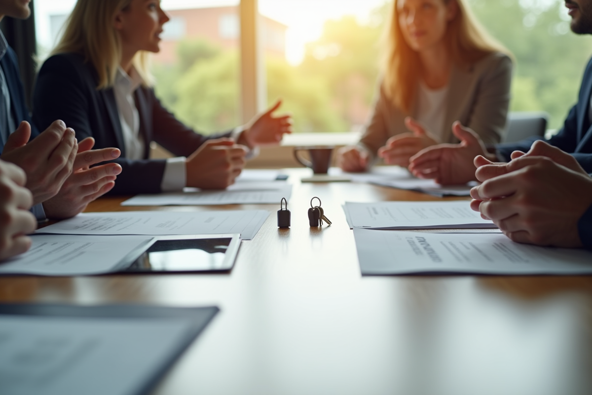 Réunion avec documents et clés sur une table de bureau contemporaine