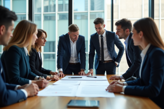 Groupe de professionnels signant un contrat dans un bureau lumineux