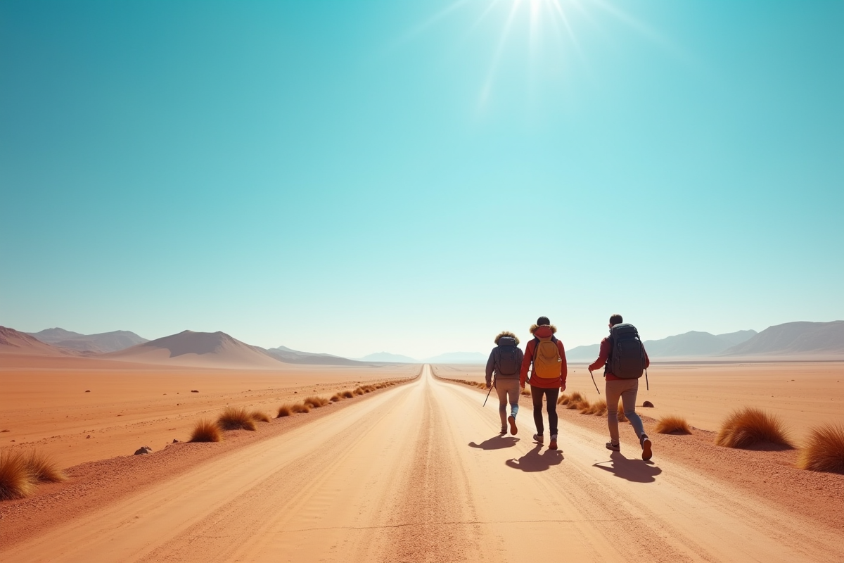 Route désertique en Namibie avec voyageurs à dos de sac