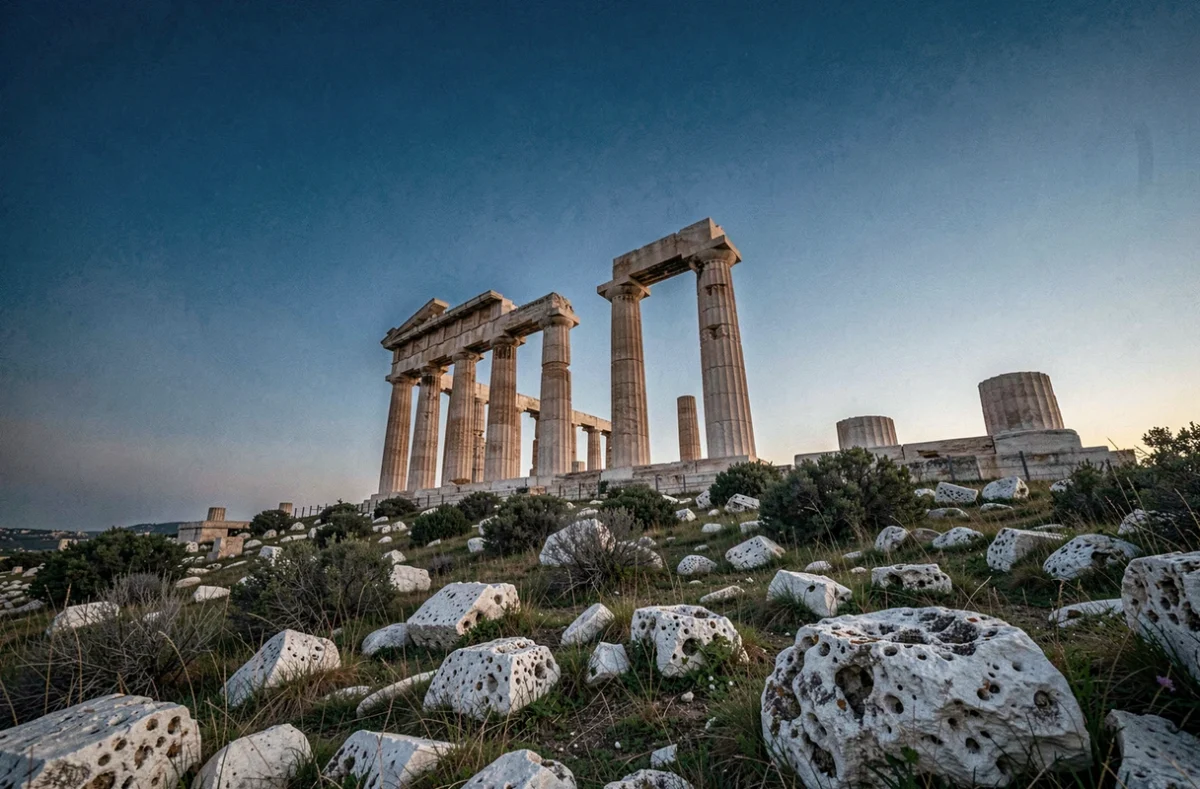 Ruines d'un temple grec antique au coucher du soleil évoquant la grandeur des dieux de la mythologie grecque