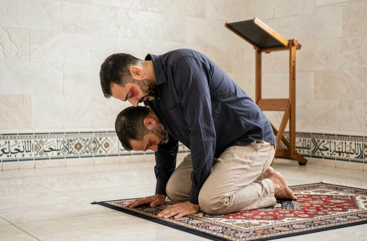 Homme en position de prière dans un coin de mosquée, relevant la tête du sujud avec une expression de sincérité et de repentir