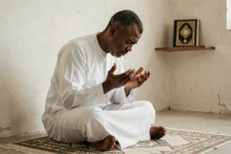 Homme en prière de repentir sur un tapis de prière usé dans une pièce sobre, mains levées en supplication, posture de remords sincère