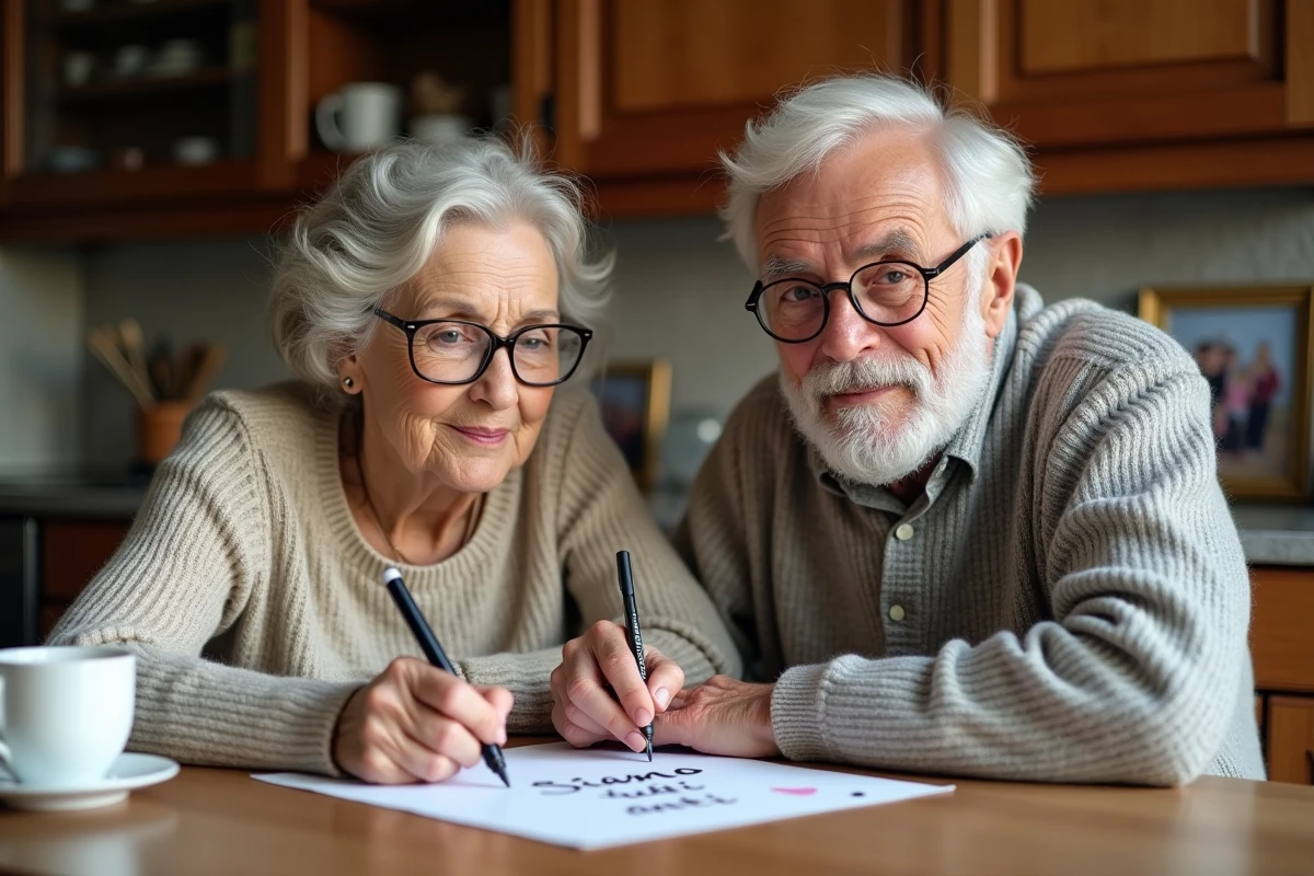 Seniors écrivant anti slogans dans une cuisine chaleureuse