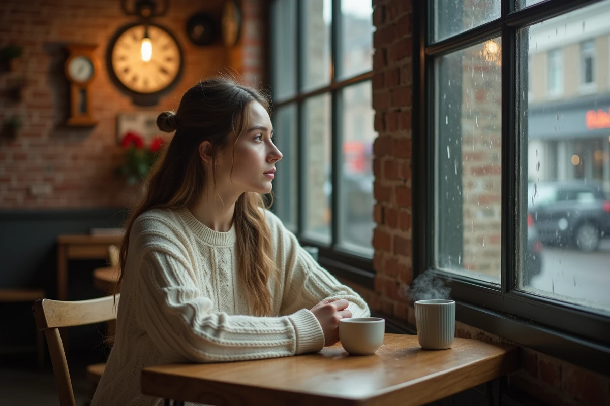 Femme pensive seule dans un café regardant par la fenêtre, illustrant la période de séparation de la flamme jumelle