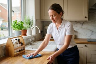 Femme professionnelle du ménage essuyant un plan de travail en bois dans une cuisine moderne et ordonnée, illustrant un service de ménage régulier à domicile