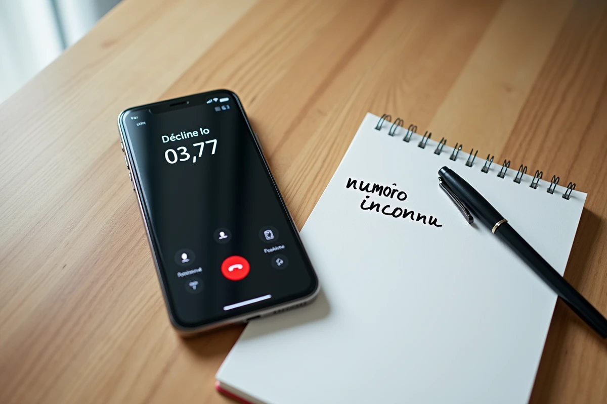 Smartphone affichant un appel entrant d'un numéro de démarchage inconnu 03 77 posé sur une table avec un carnet de notes