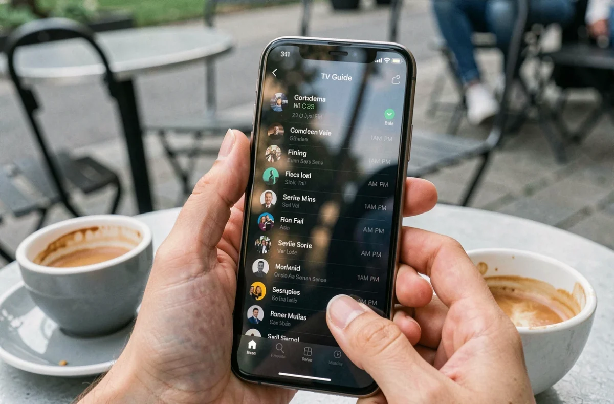 Gros plan d'un smartphone affichant un guide TV avec des horaires AM et PM dans un café en terrasse