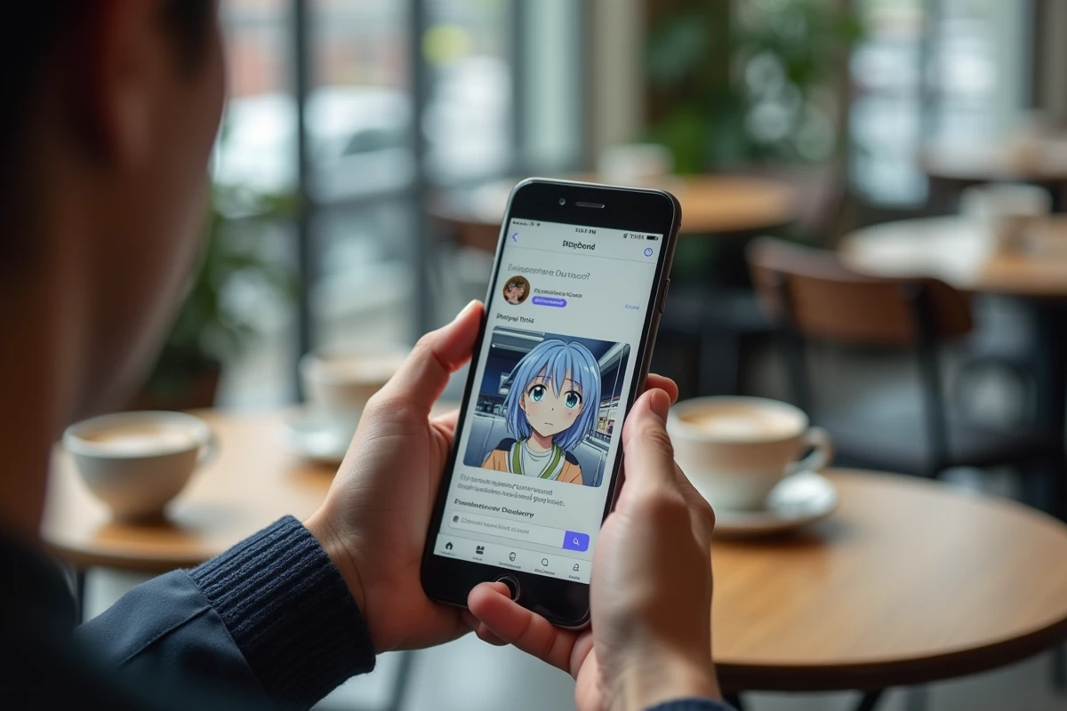 Gros plan de mains tenant un smartphone affichant des scans de manga sur l'application Discord dans un café urbain