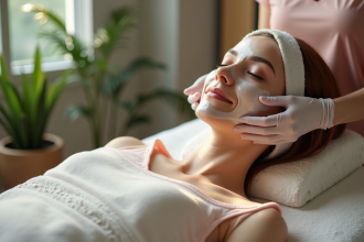 Femme recevant un soin visage dans un centre esthétique