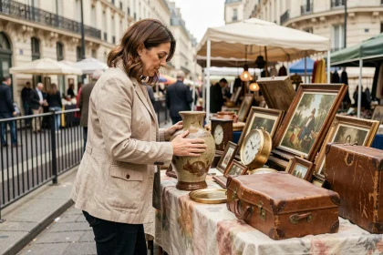 Femme examinant une poterie vintage sur un stand aux puces de la Porte de Vanves à Paris