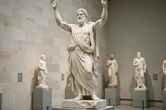 Statue de marbre de Zeus dans un musée archéologique illustrant la fascination pour les dieux grecs antiques